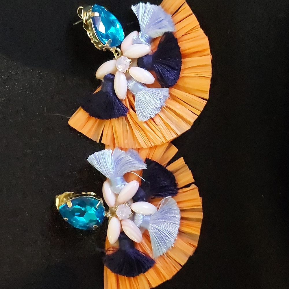 Beautiful Fringe Orange and Blue Earrings